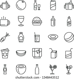 thin line vector icon set - mug for feeding vector, measuring cup, bottle, bath ball, e, packing of juice with a straw, burger, plate milk, tea, coffe to go, glass soda, cocktail, can, orange, half