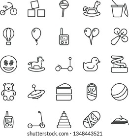 thin line vector icon set - baby rattle vector, duckling, bath ball, stacking toy, roly poly doll, tumbler, phone, mobile, children's sand set, small teddy bear, yule, rocking horse, balloon, child