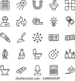thin line vector icon set - workman vector, building trowel, long meashuring tape, plastic brush, washbasin, toilet, comfortable, tile, hawser, stationery knife, pedestal, bulb, oscilloscope, magnet