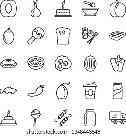 Thin Line Vector Icon Set - Beanbag Vector, Deep Plate With A Spoon, Cake, Birthday, Easter, Pie, Chop, Meat On Skewers, Peper, Chupa Chups, Sushi Set, Small Fish, Coffe To Go, Soda Can, Omelette