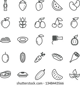 thin line vector icon set - onion vector, noodles, pie, a plate of milk, grill chicken leg, bacon, cucumber, japanese sushi, bottle soda, orange slice, mint, cherry, quince, red apple, raspberry