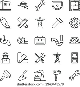 thin line vector icon set - crane vector, garden trolley, trowel, small tools, long meashuring tape, paint roller, color samples, portfolio, sink, sewerage, laying out, interroom door, gear, knife