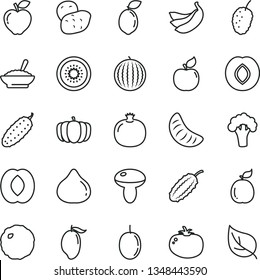 thin line vector icon set - mushroom vector, a bowl of buckwheat porridge, cabbage, cucumber, tomato, pomegranate, apricot, red apple, plum, fig, tasty mulberry, water melon, mango, half peach, kiwi