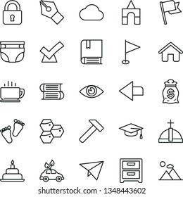 thin line vector icon set - left direction vector, pennant, nappy, footprints, box of bricks, birthday cake, e, books, house, hammer, lock, eye, flag, nightstand, coffee, honeycombs, cloud, ink pen