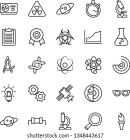 thin line vector icon set - flask vector, microscope, atom, glasses, nuclear, zoom, dna, bulb, gears, satellite, biohazard, oscilloscope, clipboard, drawing compass, growth graph, radar, earth core