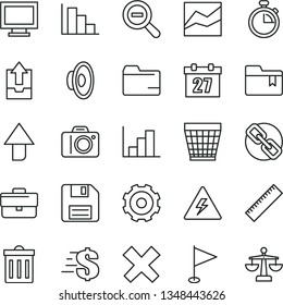 thin line vector icon set - truck lorry vector, danger of electricity, floppy disk, monitor window, daily calendar, camera, briefcase, wicker pot, bin, stopwatch, upward direction, yardstick, folder