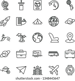 thin line vector icon set - sign of the planet vector, briefcase, car child seat, garden trolley, suitcase, geolocation, rocket, history, globe, saturn, man hold world, paper plane, camper, bus