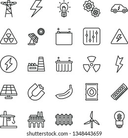 thin line vector icon set - lightning vector, danger of electricity, new radiator, regulator, banana, solar panel, big, windmill, oil, accumulator, battery, power pole, thermal plant, gears, memory