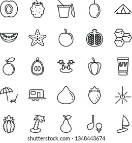 thin line vector icon set - children's sand set vector, pear, honeycombs, half apricot, pomegranate, raspberry, fig, blackberry, blueberry, water melon slice, loquat, tasty plum, passion fruit, tent
