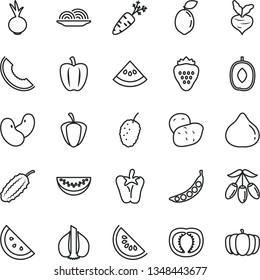 thin line vector icon set - onion vector, peper, beet, strawberry, orange slice, fig, tasty mulberry, of melon, water, goji berry, delicious plum, sour lime, half tomato, Bell pepper, ripe, garlic