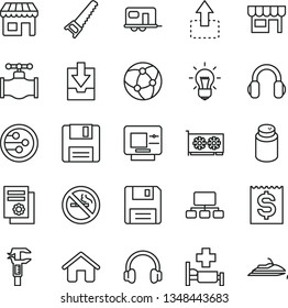 thin line vector icon set - download archive data vector, powder, house, hand saw, kiosk, move up, valve, caliper, scheme, financial item, scientific publication, gpu card, headphones, network, bulb