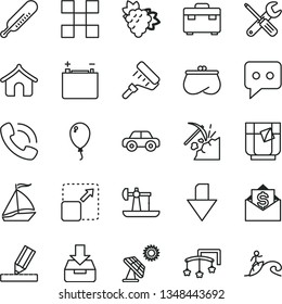 thin line vector icon set - downward direction vector, toys over the cot, mercury thermometer, motor vehicle, balloon, small tools, paint roller, suitcase, drawing, tile, put in a box, glass of tea