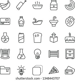 thin line vector icon set - incandescent lamp vector, bedside table, folder bookmark, cradle, baby cot, children's bathroom, washbasin, copy, unpacking, Easter cake, piece of pizza, torte, soda can