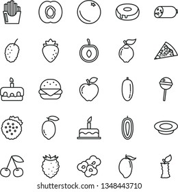 thin line vector icon set - cake vector, sausage, piece of pizza, big burger, torte, with a hole, plate milk, Chupa Chups, fried potato slices, popcorn, strawberries, orange, cherry, half apricot