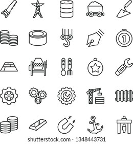 thin line vector icon set - iron fork spoons vector, tower crane, winch hook, trowel, concrete mixer, hand saw, gear, paving slab, new radiator, anchor, coins, canned goods, barrel, power line