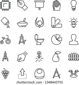 thin line vector icon set - woman vector, baby powder, bib, child bicycle, color samples, toilet, hedge, move up, a bowl of buckwheat porridge, fried potato slices, large grape, pear, physalis, smd