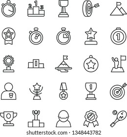 thin line vector icon set - stopwatch vector, pedestal, racer, winner podium, prize, award, cup, gold, star, reward, man with medal, flag, motivation, mountain, target, purpose, first place, tennis