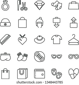 thin line vector icon set - paper bag vector, purse, spectacles, hat, accessories for a hairstyle, comb, warm socks, Knitted, shoes little children, winter, with handles, T shirt, hanger, hand, ring