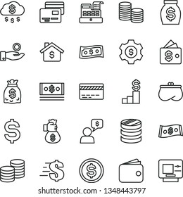 thin line vector icon set - bank card vector, dollar, cards, coins, column of, denomination the, catch a coin, wallet, purse, money, dollars, cash, machine, bag hand, rain, mortgage, pedestal, gear