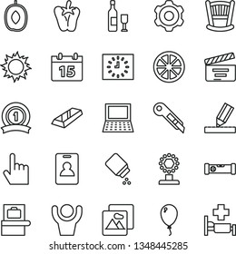 thin line vector icon set - movie cracker vector, cradle, baby powder, balloon, cogwheel, construction level, drawing, stationery knife, calendar, index finger, picture, peper, delicious plum, cup