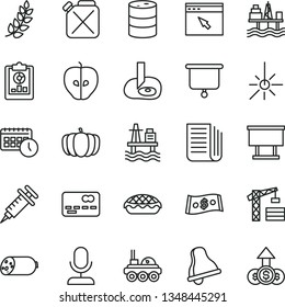 thin line vector icon set - bell vector, tower crane, sausage, apple pie, tasty, pumpkin, sea port, commercial seaport, barrel, canister, outdoor thermometer, billboard, front of the bank card