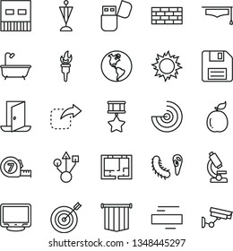 thin line vector icon set - floppy disk vector, minus, brickwork, long meashuring tape, bath, lay out of flat, move right, guava, planet Earth, monitor, usb, flash, microscope, bactery, graduate hat