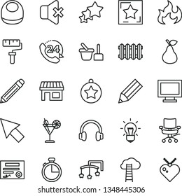 thin line vector icon set - paint roller vector, monitor window, graphite pencil, toys over the cot, baby bib, toy sand set, new radiator, timer, no sound, 24, cocktail, pear, stall, headphones