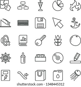 thin line vector icon set - floppy disk vector, silent mode, measuring bottle for feeding, Puzzles, key, drawing, building block, dangers, anchor, flowchart, bag with handles, mint, grapefruit, cd