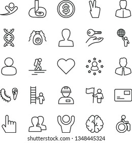 thin line vector icon set - woman vector, women, workman, employee, heart, index finger, pass card, man, dollar, dna, brain, bactery, artifical insimination, hold world, flag, with ladder, arm key