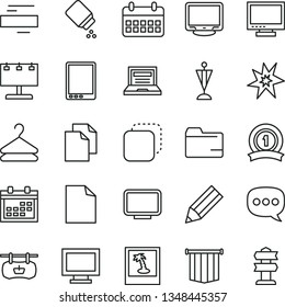 thin line vector icon set - laptop vector, monitor, window, calendar, clean sheet of paper, folder, minus, baby powder, hanger, copy, antique advertising signboard, billboard with illumination, bang