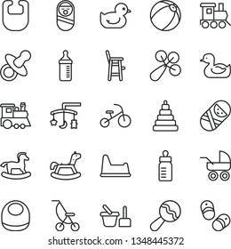 thin line vector icon set - toys over the cradle vector, dummy, feeding bottle, measuring for, bib, baby, beanbag, rattle, carriage, summer stroller, rubber duck, duckling, bath ball, stacking toy