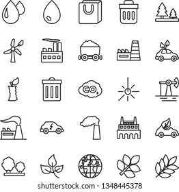 thin line vector icon set - bin vector, drop, bag with handles, apple stub, working oil derrick, leaves, wind energy, manufacture, factory, trees, forest, industrial building, thermal power plant