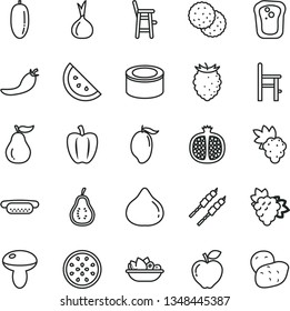 thin line vector icon set - a chair for feeding vector, child, canned goods, mini hot dog, mushroom, plate of fruit, barbecue, orange slice, biscuit, sandwich, half pomegranate, grape, branch, fig