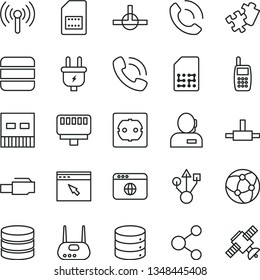 thin line vector icon set - Puzzle vector, power socket type f, big data, phone call, plug, SIM card, connection, dispatcher, mobile, usb, router, network, browser, connect, lan connector, wireless