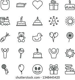 thin line vector icon set - bib vector, baby duckling, teddy bear, children's train, colored air balloons, balloon, cake, birthday, heart, gift, slice, torte, Chupa Chups, lollipop, man hold world