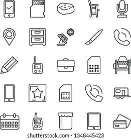 thin line vector icon set - tassel vector, desktop microphone, toy phone, mobile, a chair for feeding child, concrete mixer, smartphone, nightstand, call, piece of meat, jam, big solar panel, pencil