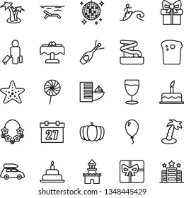 thin line vector icon set - daily calendar vector, balloon, cake, birthday, Easter, lollipop, glass, pumpkin, gift, giftbox, sand castle, champagne, car baggage, passenger, hotel, beach, palm tree