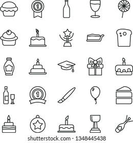 thin line vector icon set - tassel vector, balloon, cake, birthday, Easter, muffin, piece of, slice, torte, lollipop, glass, bottle, gift, gold cup, star, graduate, medal, with pennant, ribbon, wine