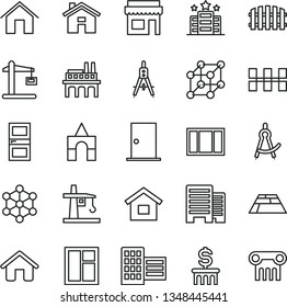 thin line vector icon set - house vector, box of bricks, dwelling, window, frame, ntrance door, interroom, buildings, city block, ceramic tiles, fence, paving slab, home, industrial enterprise