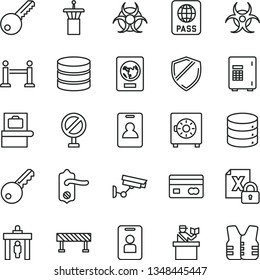 thin line vector icon set - prohibition vector, key, door knob, road fence, passport, big data, strongbox, reverse side of a bank card, encrypting, biohazard, airport tower, rope barrier, identity