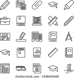 thin line vector icon set - briefcase vector, graphite pencil, yardstick, book, e, abacus, buildings, writing accessories, drawing, calculation, square academic hat, clip, scribed compasses, patente