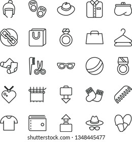 thin line vector icon set - purse vector, spectacles, hat, with glasses, bath ball, accessories for a hairstyle, comb, warm socks, Knitted, shoes little children, winter, bag handles, T shirt, hand