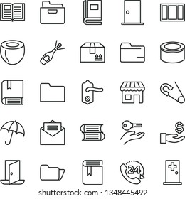 thin line vector icon set - folder vector, book, open pin, e, books, window frame, door knob, ntrance, received letter, umbrella, cardboard box, 24, canned goods, half of coconut, kiosk, get a wage