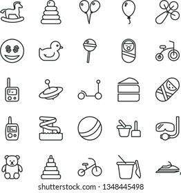 thin line vector icon set - baby rattle vector, duckling, bath ball, stacking rings, toy, roly poly doll, tumbler, phone, mobile, sand set, children's, small teddy bear, yule, rocking horse, balloon