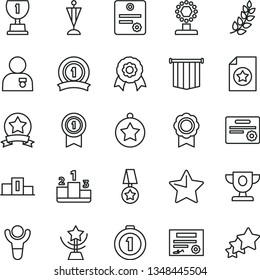 thin line vector icon set - star vector, pedestal, medal, patente, winner, laurel branch, prize, award, cup, man with, pennant, first place, ribbon, certificate, flag, three stars