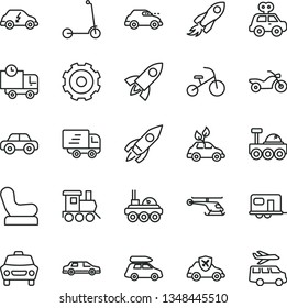 thin line vector icon set - truck lorry vector, Baby chair, motor vehicle, present, toy train, tricycle, child Kick scooter, car, delivery, environmentally friendly transport, electric, retro, space