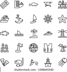 thin line vector icon set - anchor vector, small fish, sea port, commercial seaport, lighthouse, coastal, planet, sand castle, hotel, beach, palm tree, starfish, flippers, diving mask, surfing