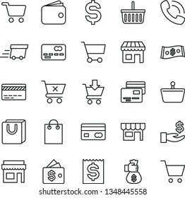 thin line vector icon set - grocery basket vector, bank card, put in cart, crossed, bag with handles, cards, kiosk, shopping, reverse side of a, front the, denomination dollar, financial item, store