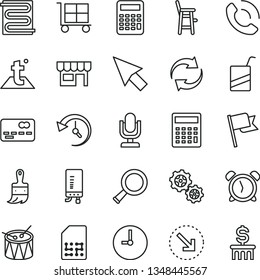 thin line vector icon set - desktop microphone vector, alarm clock, cargo trolley, renewal, calculator, e, a chair for feeding child, drum, wooden paint brush, heating coil, temperature, wall, flag