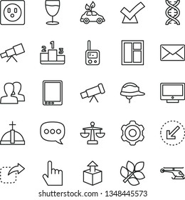 thin line vector icon set - women vector, scales, toy phone, cogwheel, window, helmet, left bottom arrow, index finger, screen, pedestal, unpacking, move right, glass, socket, speech, tablet pc, dna